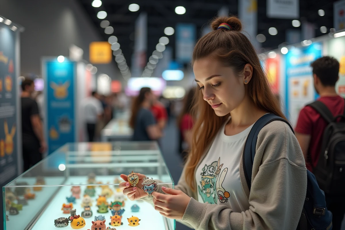 Femme examinant des tokens Pokémon lors d’un salon