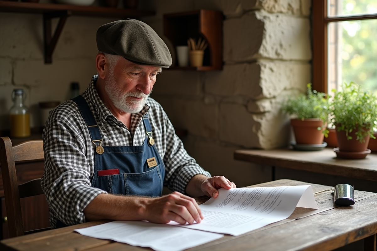 Fermier âgé examinant des documents agricoles à la ferme
