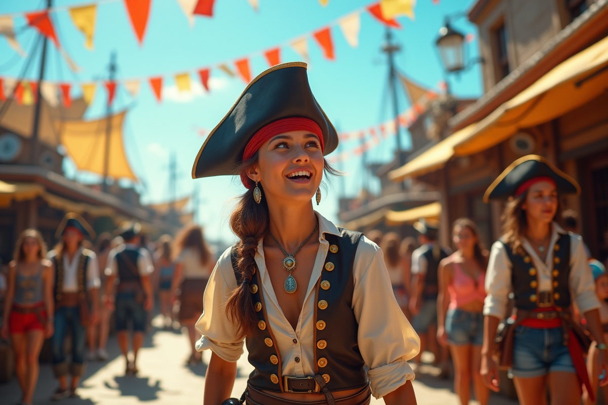 Fête dans une ville côtière inspirée des pirates avec foule et drapeaux colorés