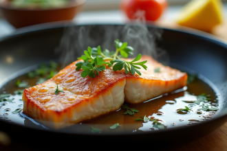 Filet de loup parfaitement saisi dans une poêle avec herbes