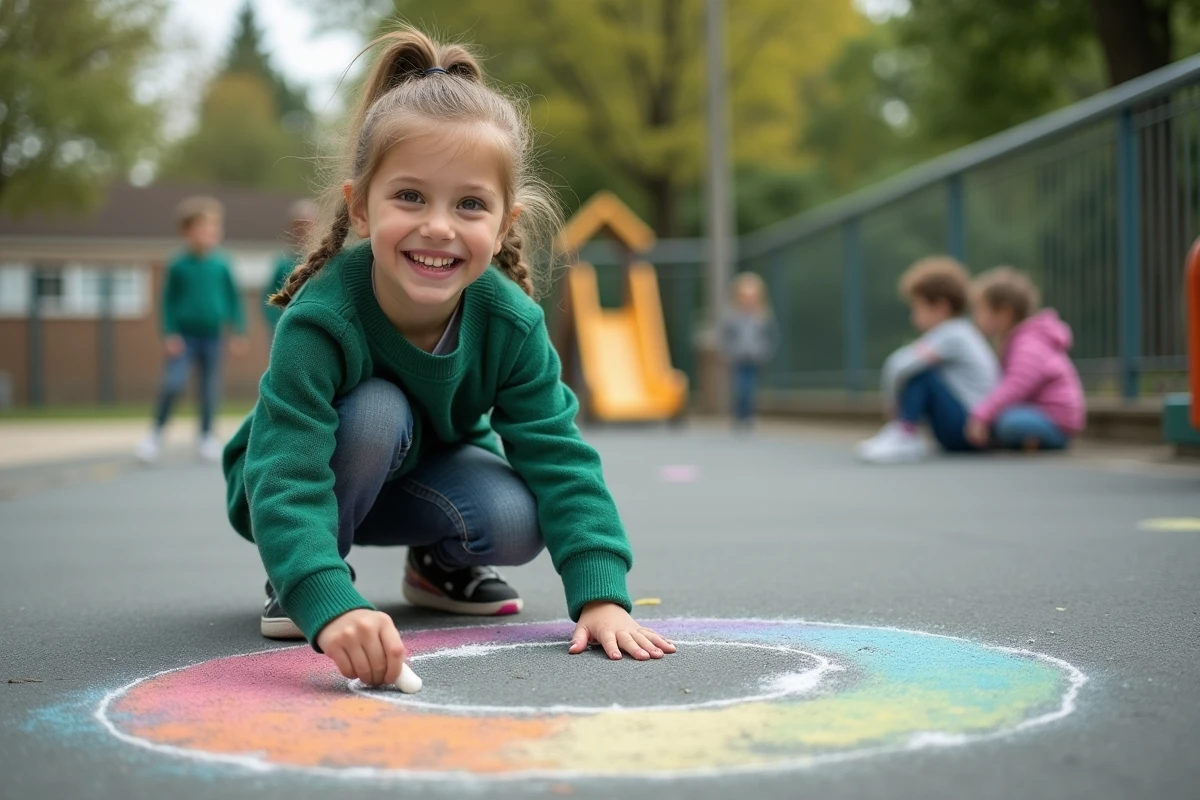 Fille de 10 ans dessinant un cercle à la craie dehors