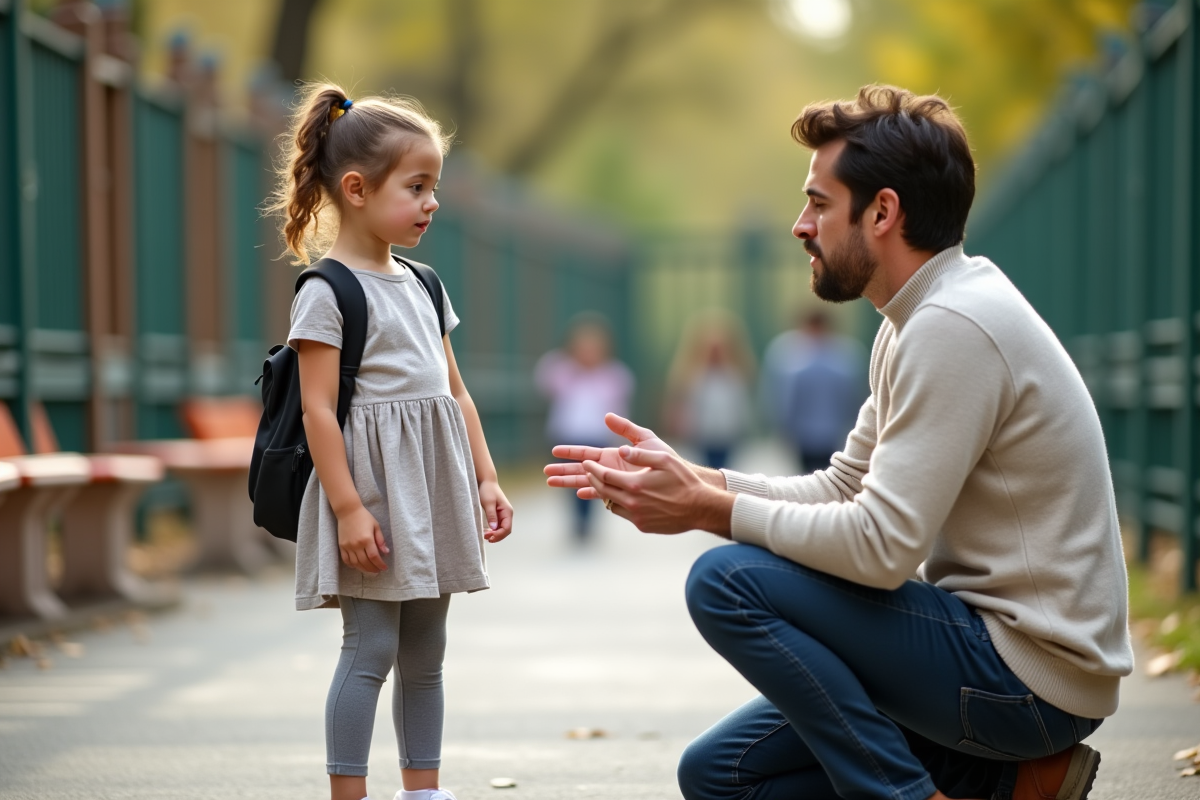 Fille de 8 ans parlant avec un enseignant sur la cour d