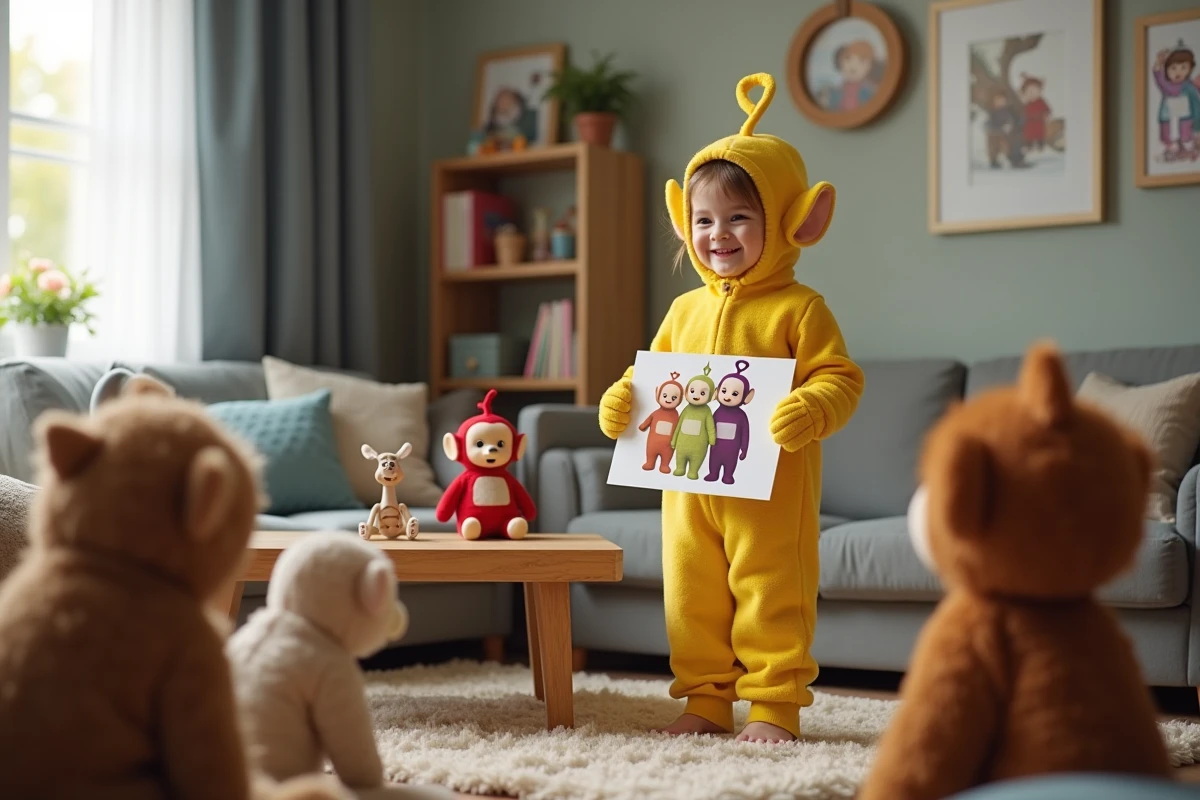 Fille en pyjama Teletubbies expliquant les personnages