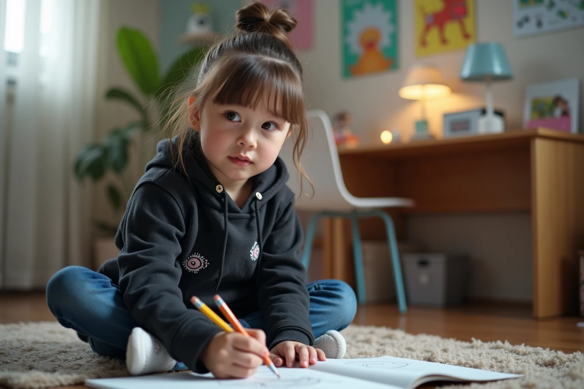 Fillette exprimant ses émotions en dessinant dans un carnet dans sa chambre