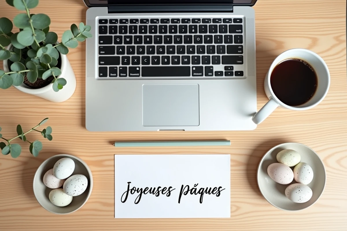 Flat lay bureau professionnel avec ordinateur portable, carte de vœux de Pâques et œufs pastel