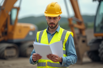 Formateur avec casque jaune et gilet haute visibilité en extérieur