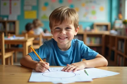 Garçon de 8 ans dessinant un cercle en classe