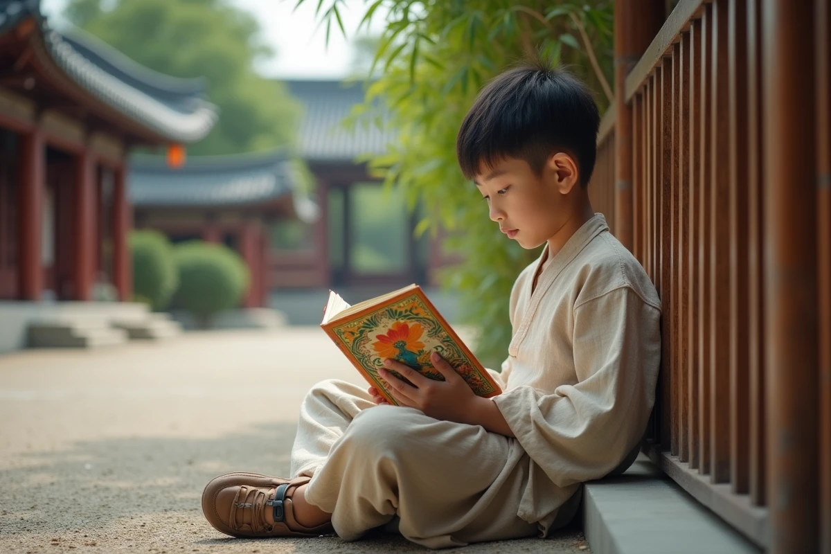 Jeune garçon asiatique lisant un carnet dans un jardin chinois