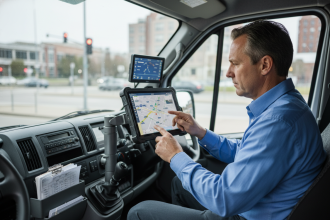 Gestionnaire de flotte urbaine utilisant une tablette dans un van