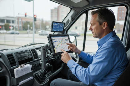 Gestionnaire de flotte urbaine utilisant une tablette dans un van
