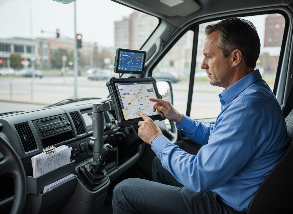 Gestionnaire de flotte urbaine utilisant une tablette dans un van
