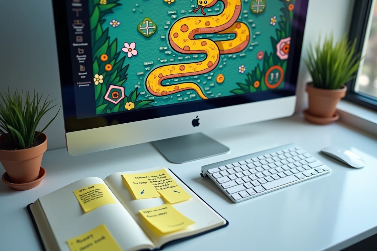 Écran d'ordinateur affichant le Google Doodle du Jeu du Serpent pour l'Année du Serpent avec des easter eggs visibles, accompagné d'un carnet de notes ouvert sur un bureau blanc