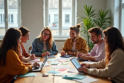 Groupe d'adultes créatifs autour d'une table en intérieur