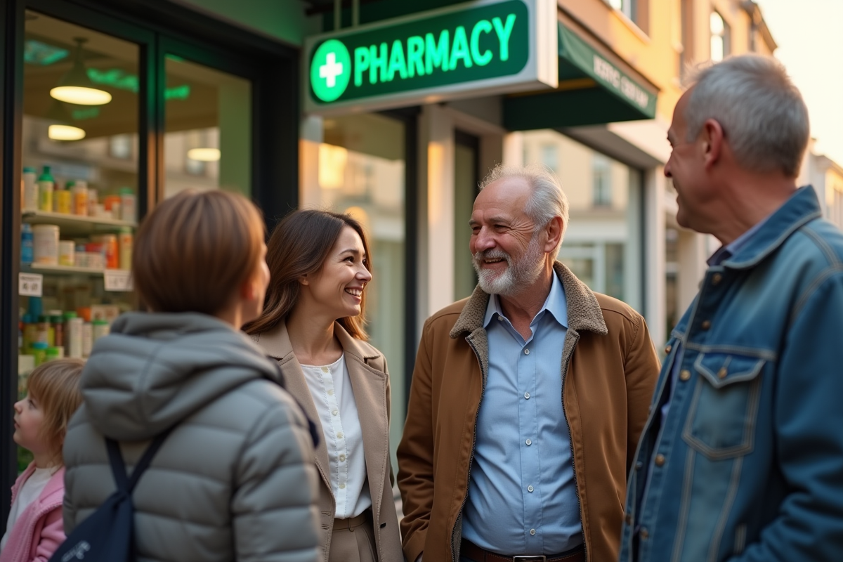 Groupe de personnes diverses discutant devant une pharmacie moderne