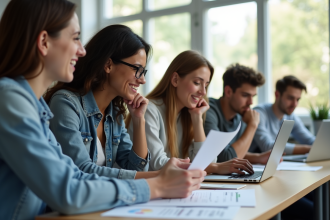 Groupe de jeunes adultes travaillant ensemble sur des documents financiers