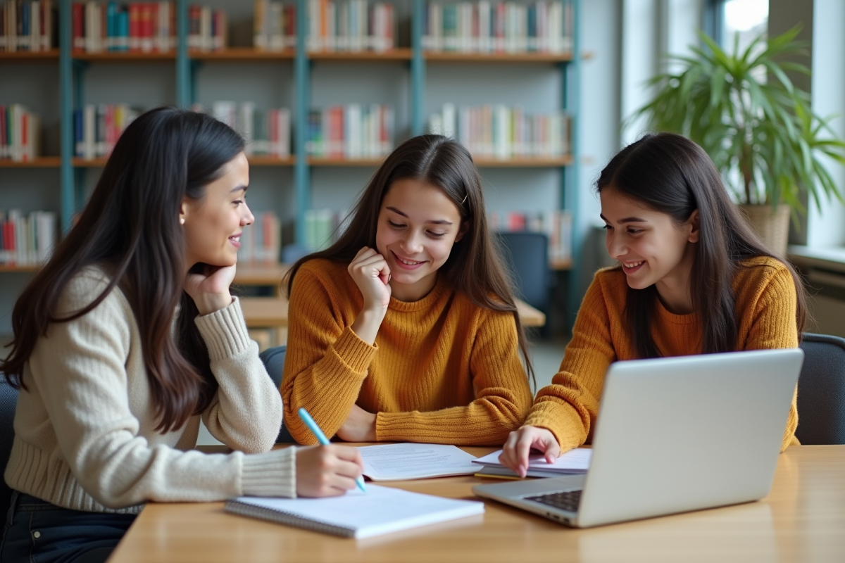 Trois lycéennes travaillant ensemble dans une bibliothèque moderne