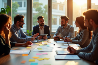 Groupe de professionnels en réunion dans un bureau lumineux