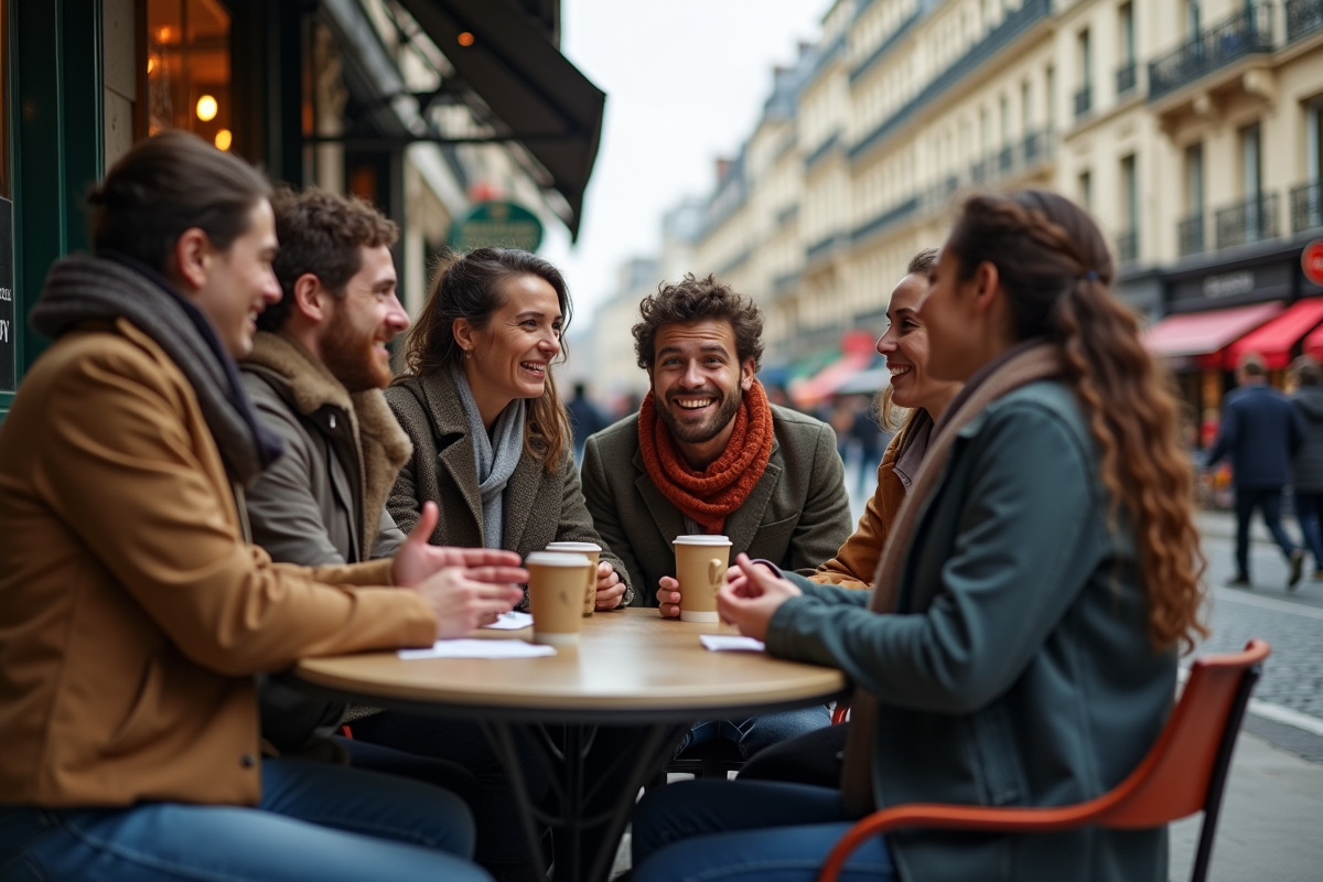 Groupe de jeunes adultes autour d'un café à Paris