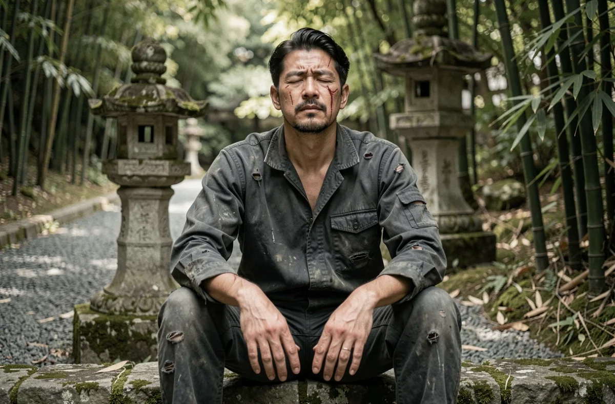 Guerrier solitaire en méditation dans un jardin japonais, symbolisant la paix intérieure et la rédemption après le combat