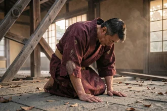 Guerrier en kimono cramoisi agenouillé dans un dojo japonais abandonné, expression d'agonie et de rédemption silencieuse