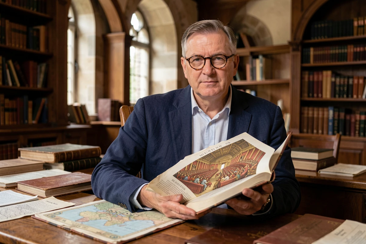 Historien tenant un livre sur le Sénat romain dans une bibliothèque universitaire, illustrant la définition de SPQR