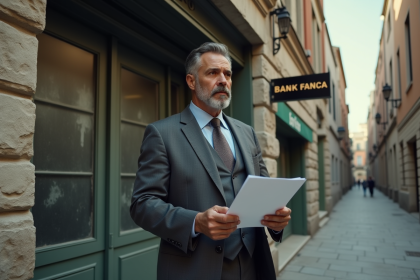 Homme d'affaires devant une ancienne banque fermée