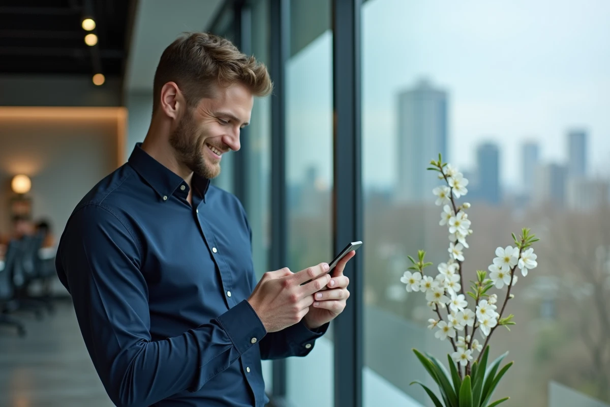 Homme d'affaires lisant un message de joyeuses Pâques sur son smartphone près d'une fenêtre de bureau