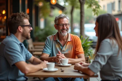 Homme souriant partageant une blague au café terrasse