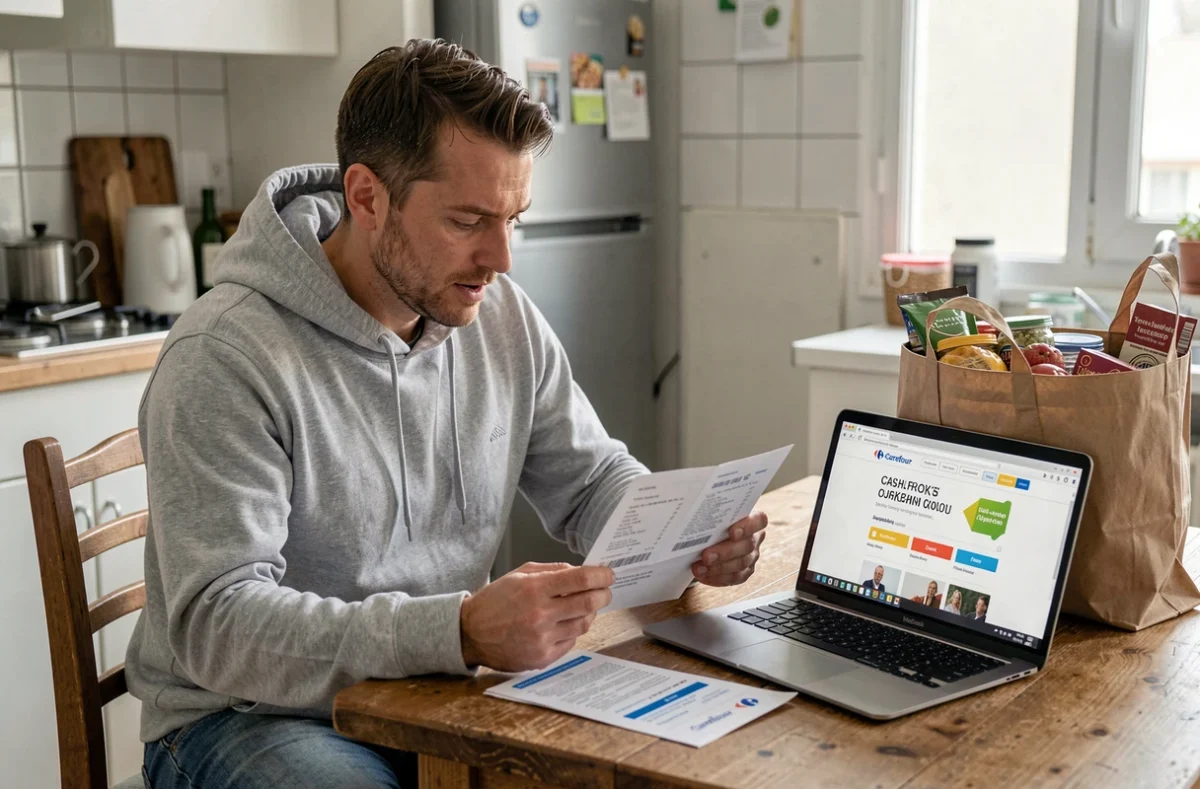 Homme analysant un ticket de caisse Carrefour et un site de bons plans sur son ordinateur à la maison