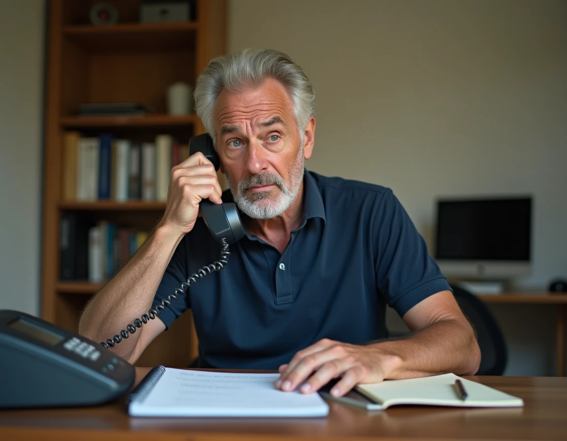 Homme hésitant devant un téléphone fixe après un appel de démarchage avec un numéro 03 77, prise de notes sur un bloc-papier