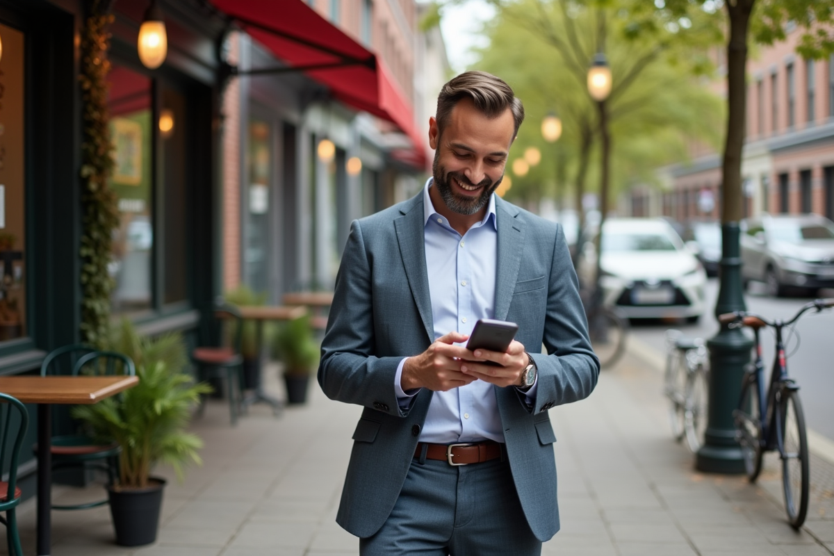 Homme d age vérifiant ses finances devant un café urbain