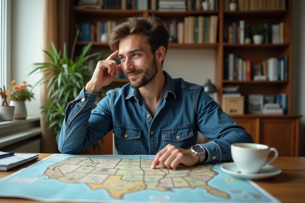 Jeune homme réfléchissant à la conversion de miles en kilomètres devant une carte routière à son bureau