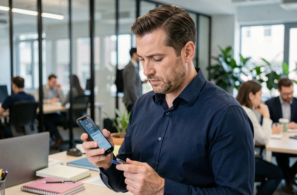 Homme au bureau regardant son téléphone affichant 9h09, symbolisant l'impact des heures miroirs sur les décisions professionnelles