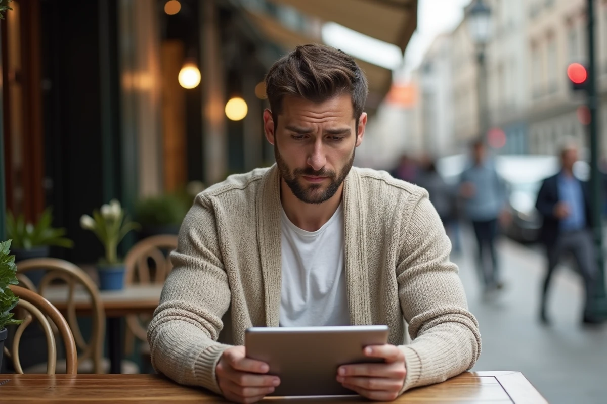 Homme pensif utilisant une tablette dans un café urbain