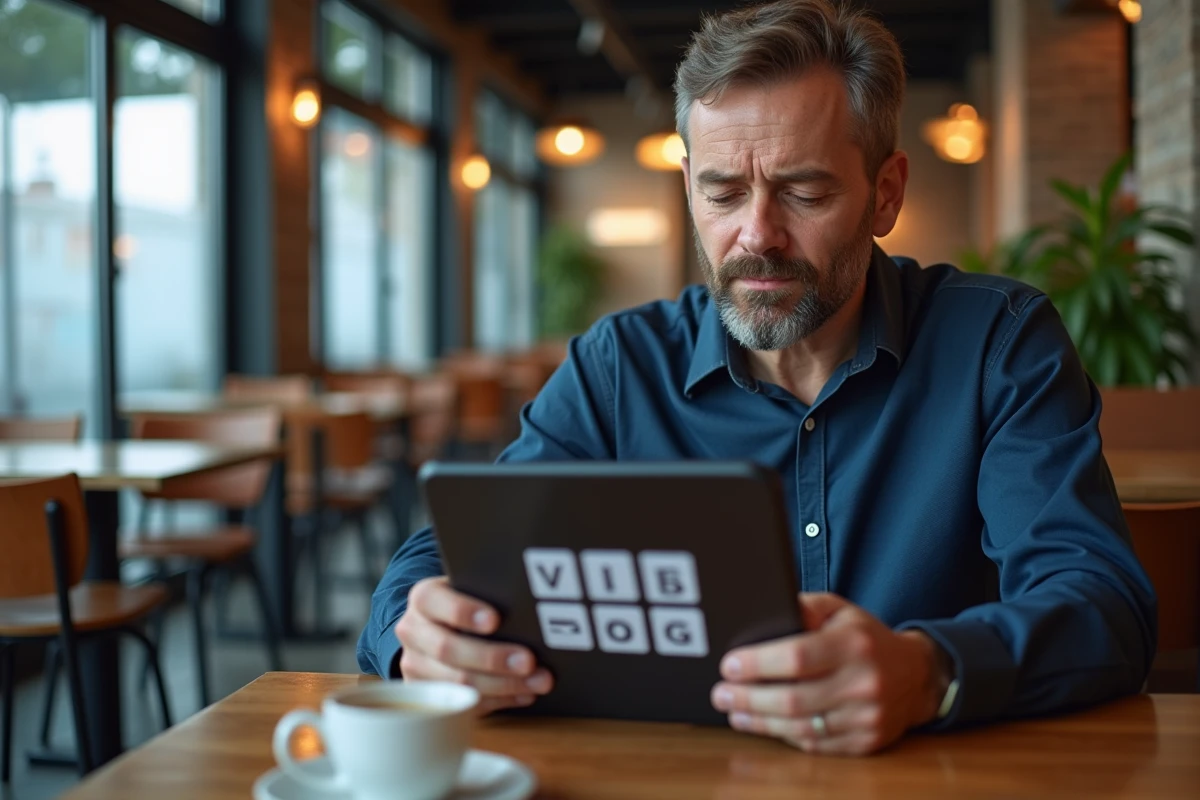 Homme en café cherchant la solution d'un mot de 8 lettres sur un jeu 4 images 1 mot sur tablette