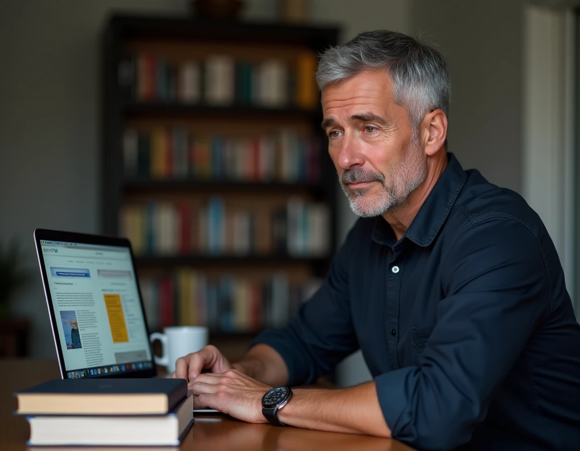 Homme comparant des plateformes de lecture en ligne sur un ordinateur portable dans un bureau à domicile