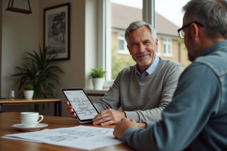 Homme d'âge moyen regardant des plans de maison sur une tablette