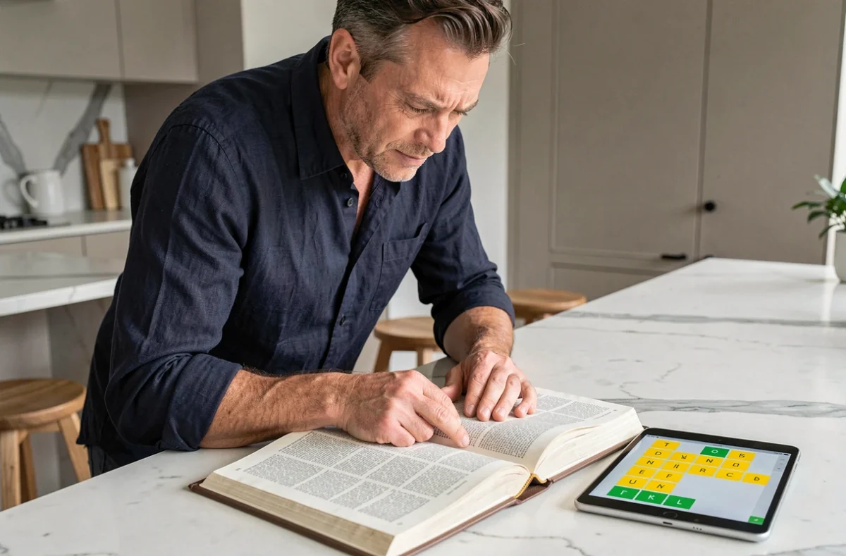 Homme debout dans une cuisine moderne consultant un dictionnaire ouvert à côté d'une tablette affichant un jeu de mots type Sutom