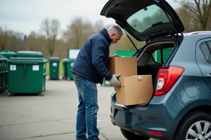 Homme en jeans déchargeant des cartons au centre de recyclage