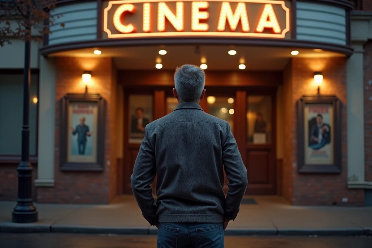 Homme devant la facade d'un cinéma vintage regardant l'affiche lumineuse, ambiance urbaine nocturne