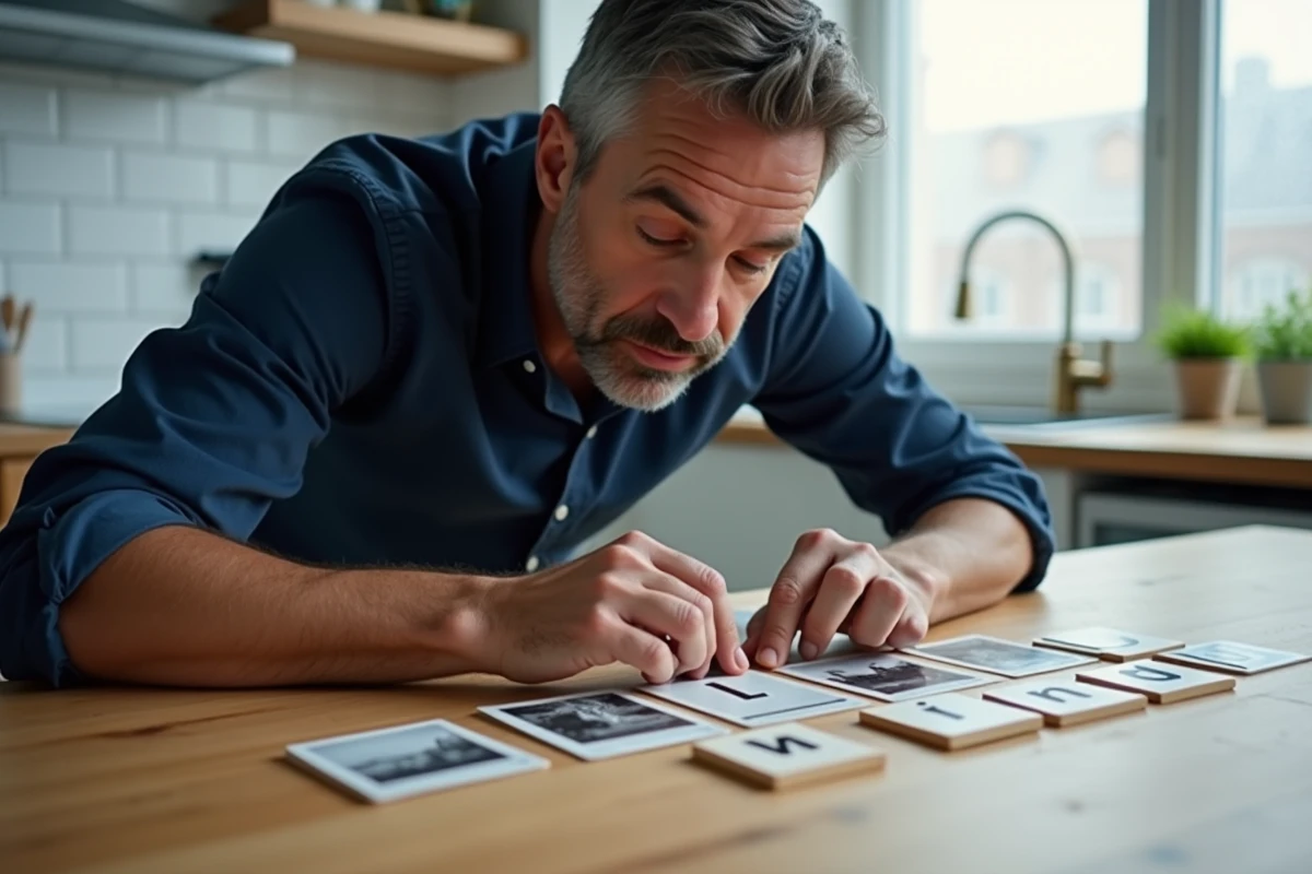 Homme cherchant le mot de 9 lettres avec des cartes images et des tuiles de lettres sur une table