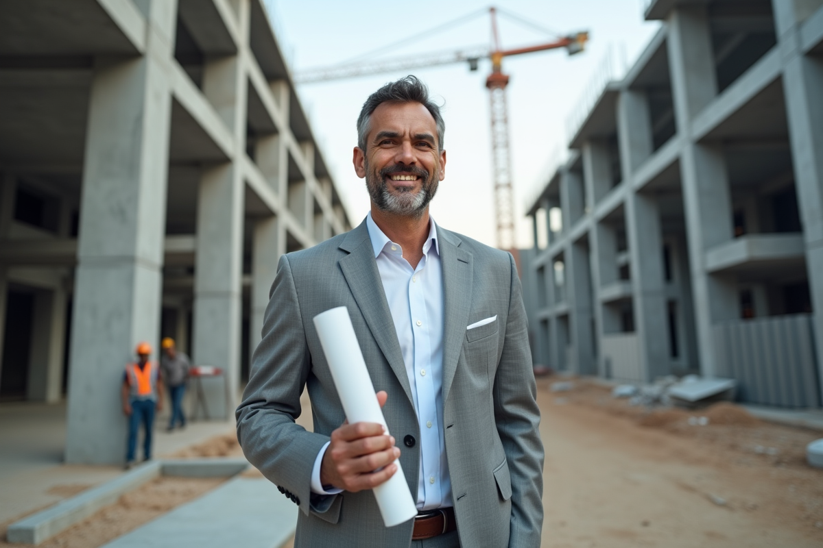 Homme avec diplôme sur un site de construction en arrière-plan