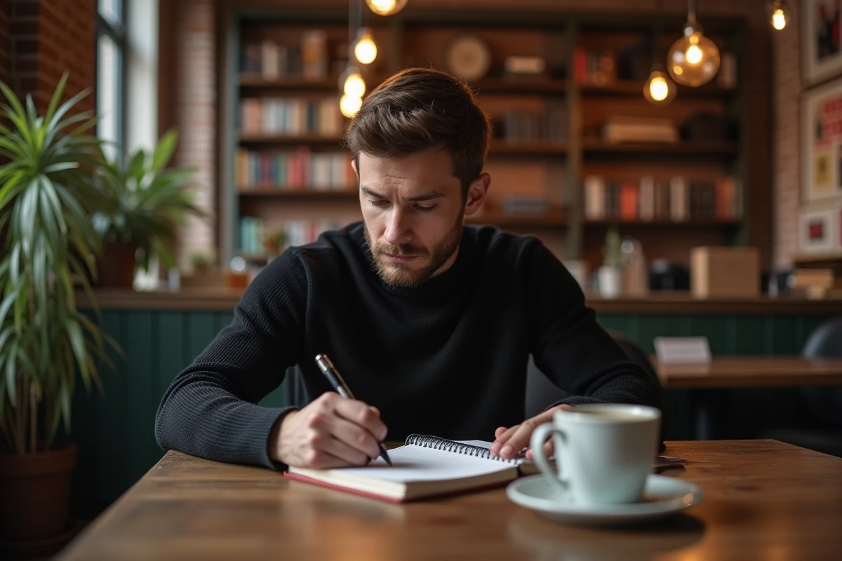 Homme méditatif écrivant dans un café rustique