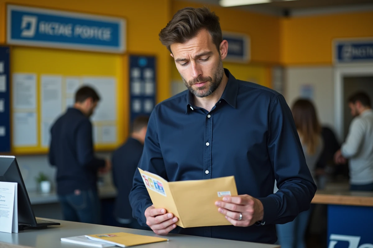 Homme examinant une enveloppe épaisse avec des timbres à la main dans un bureau de poste