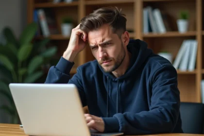 Homme frustré devant un message d'erreur sur son ordinateur portable tentant d'accéder à un site indisponible