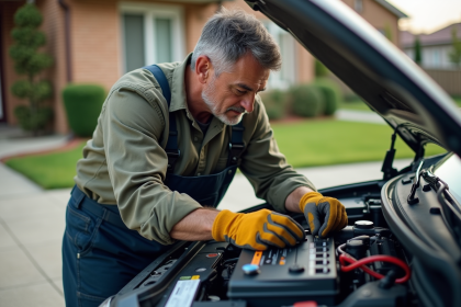 Homme inspectant une batterie de voiture dans un extérieur