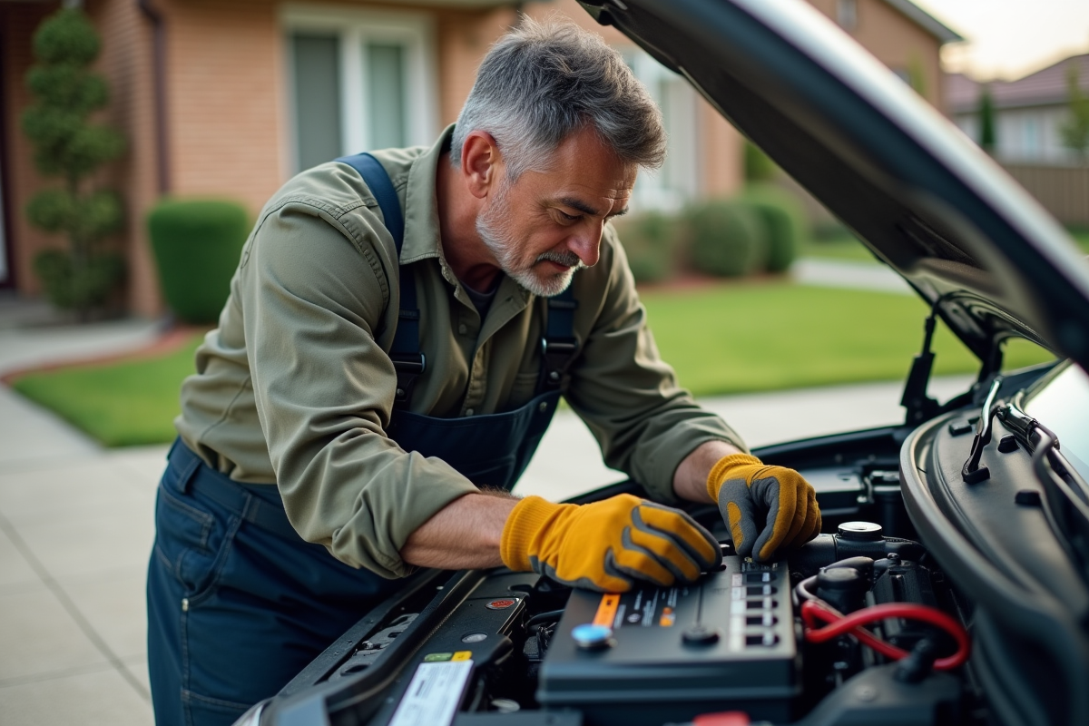 Homme inspectant une batterie de voiture dans un extérieur