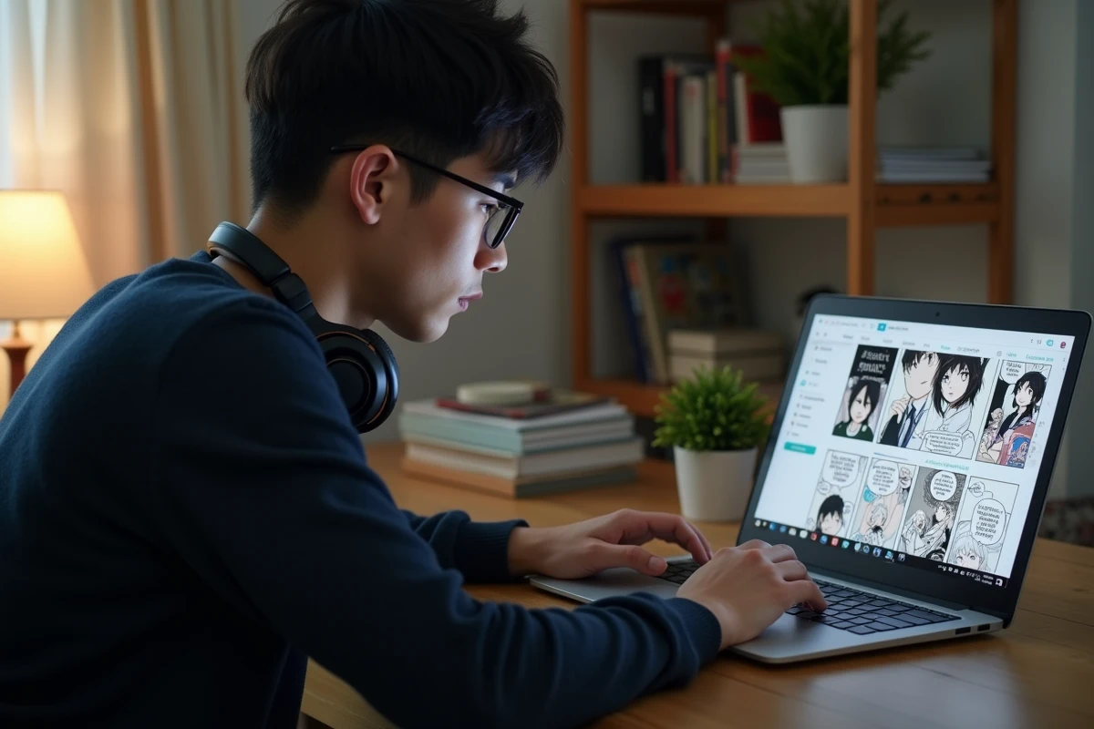 Homme adulte lisant des séries manga sur ordinateur portable avec interface de lecture Phénix Scan