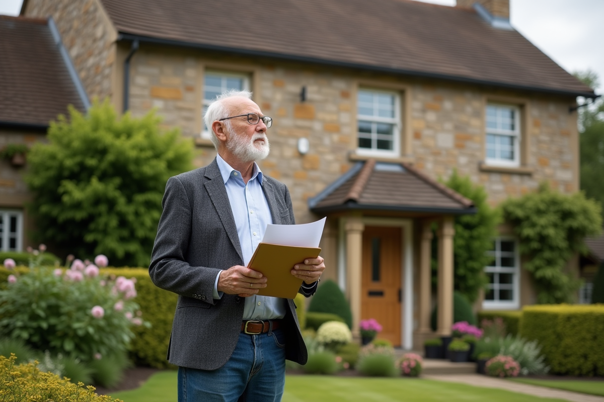Homme en blazer regarde maison de campagne