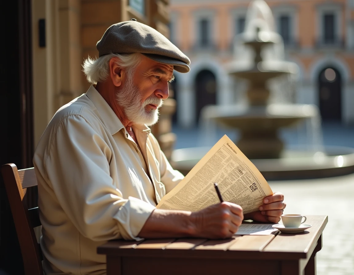 Homme âgé résolvant des mots fléchés dans un café en plein air sur une piazza italienne